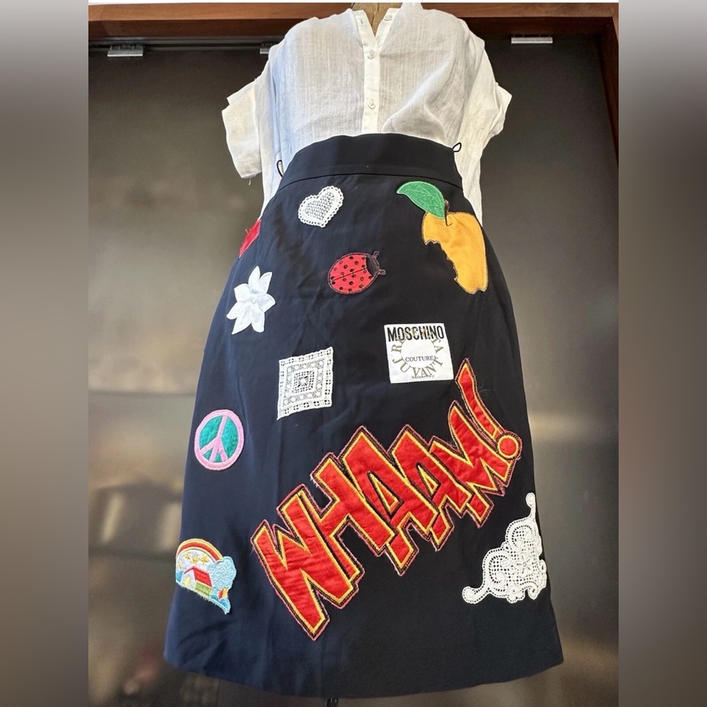Vintage Moschino collectible/archival popart multicolor black Appliqué Skirt S/M